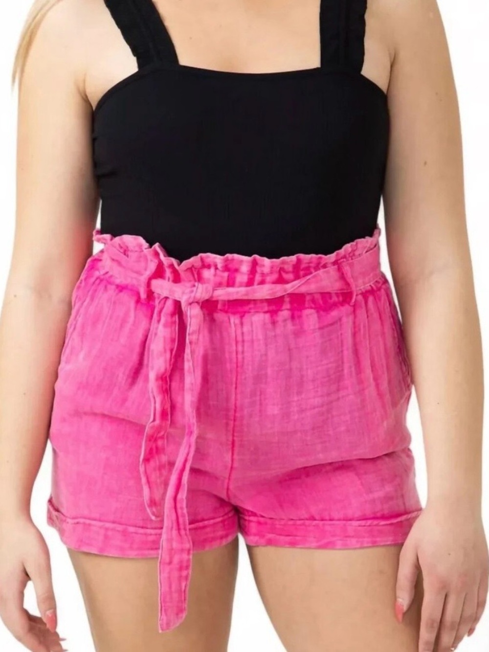 Simply Southern Hot Pink Paperbag High Waist Shorts with pockets large